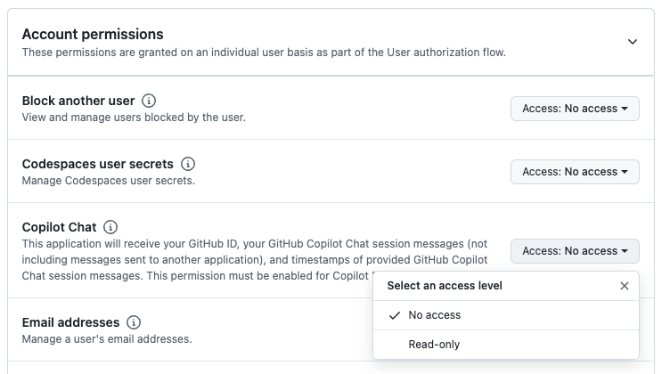 Account permissions section of a GitHub app