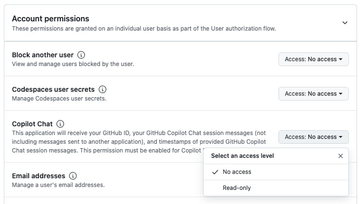 Account permissions section of a GitHub app