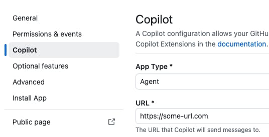 A GitHub App's Copilot settings section