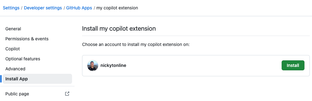 GitHub App's Install App settings panel