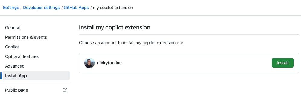 GitHub App's Install App settings panel