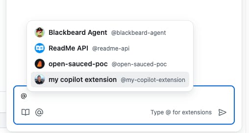 Copilot chat on GitHub.com displaying the available Copilot extensions