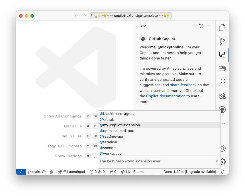 Copilot chat in Visual Studio Code displaying the available Copilot extensions