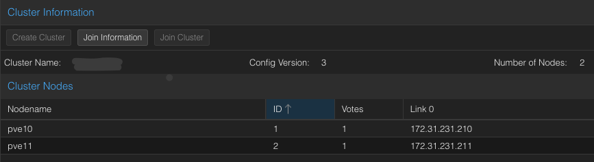 Captura del Cluster en la interfaz de Proxmox