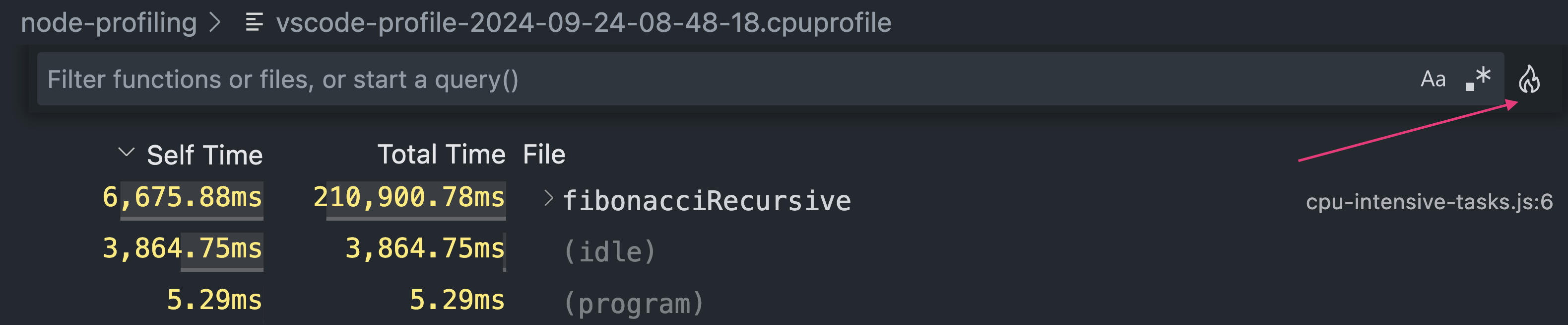 VS Code profiler flamegraph button
