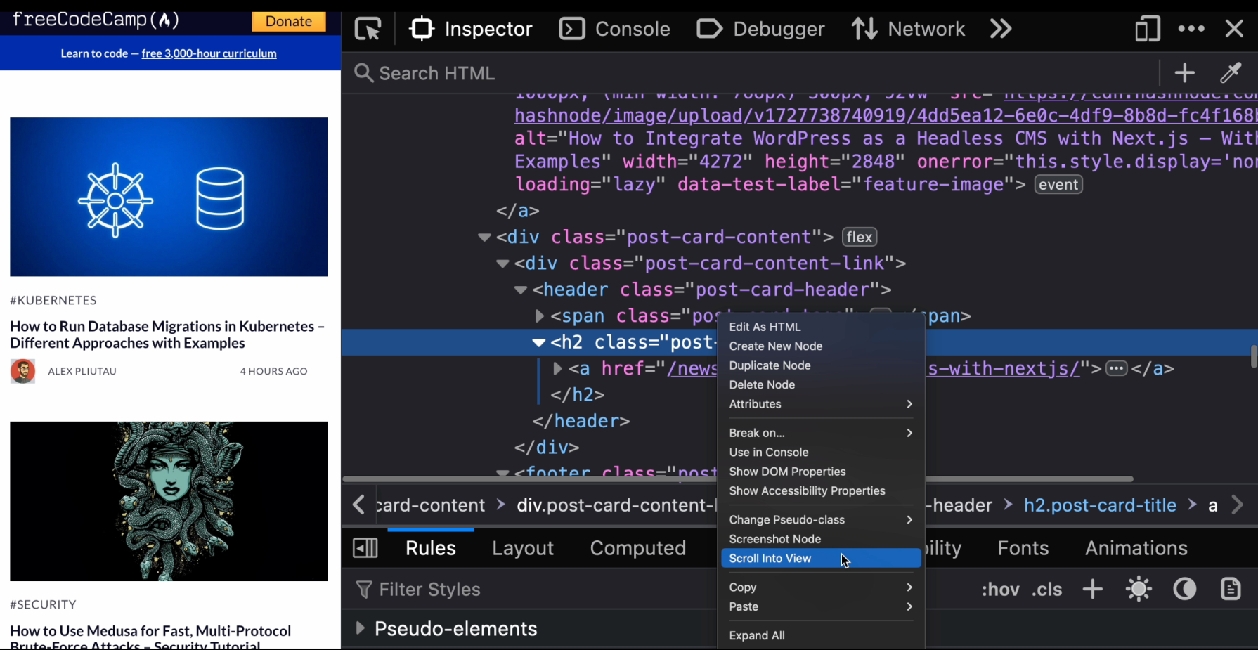 scroll into view devtools option