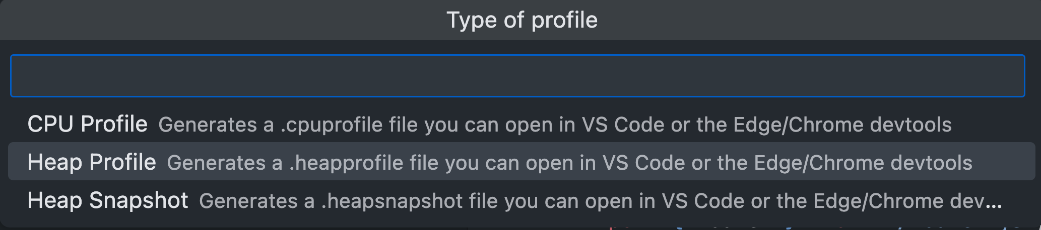 VS Code Heap Profile option from the profiling window