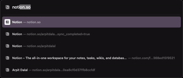 a GIF showing autocomplete on notion.so web app when accessing resources through the address bar of the Arc browser