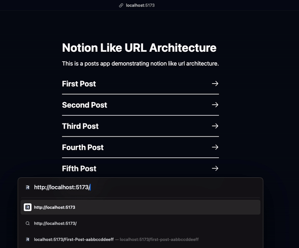 A webpage showing posts titled "First Post", "Second Post", etc. Below there's Arc browser's address bar showing autocomplete on the URL using the implemented URL architecture.