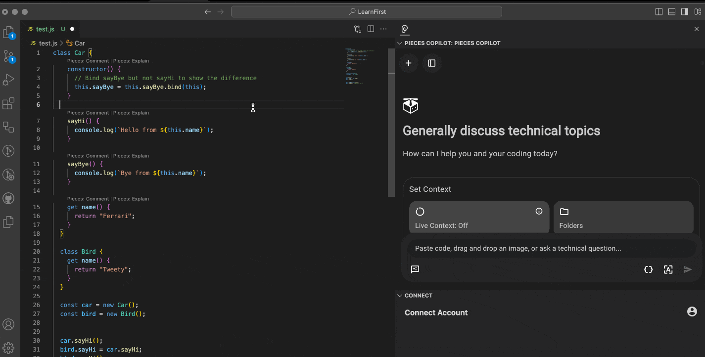 Chatting with Pieces Copilot about the this keyword in JavaScript.