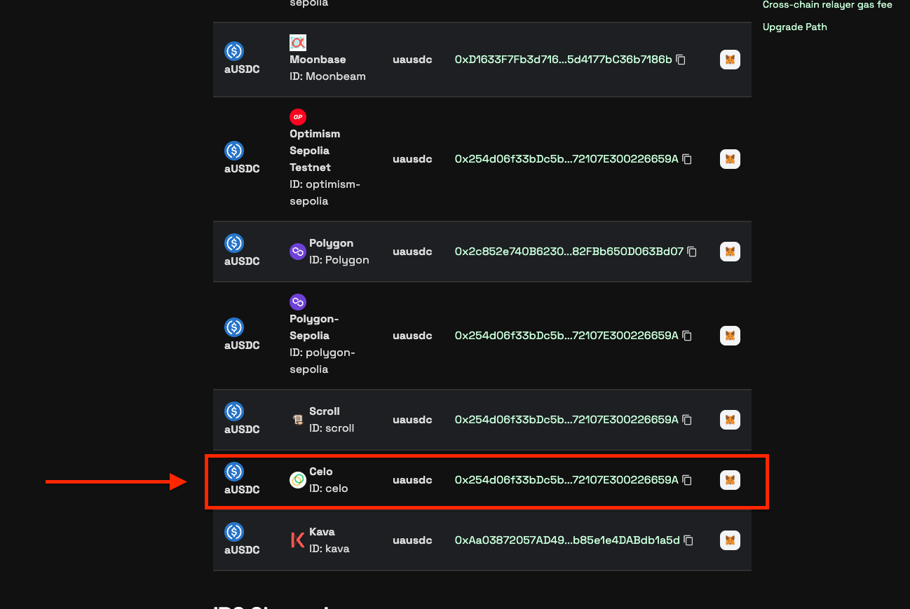 Go to the Axelar documentation here, scroll down to the asset section, and click on the aUSDC contract address on Celo.