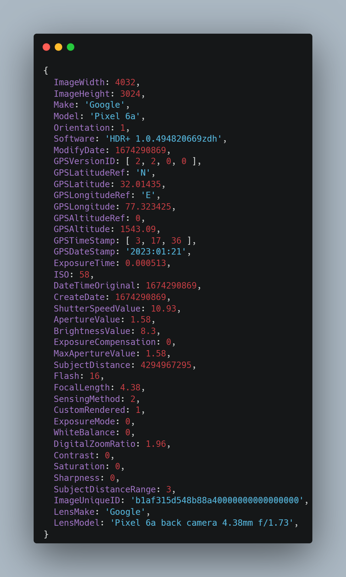 Believe it or not, this is a stripped down version of the parsed EXIF data of an image