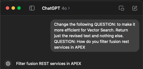 Chat GPT simplifying a query for vector search.