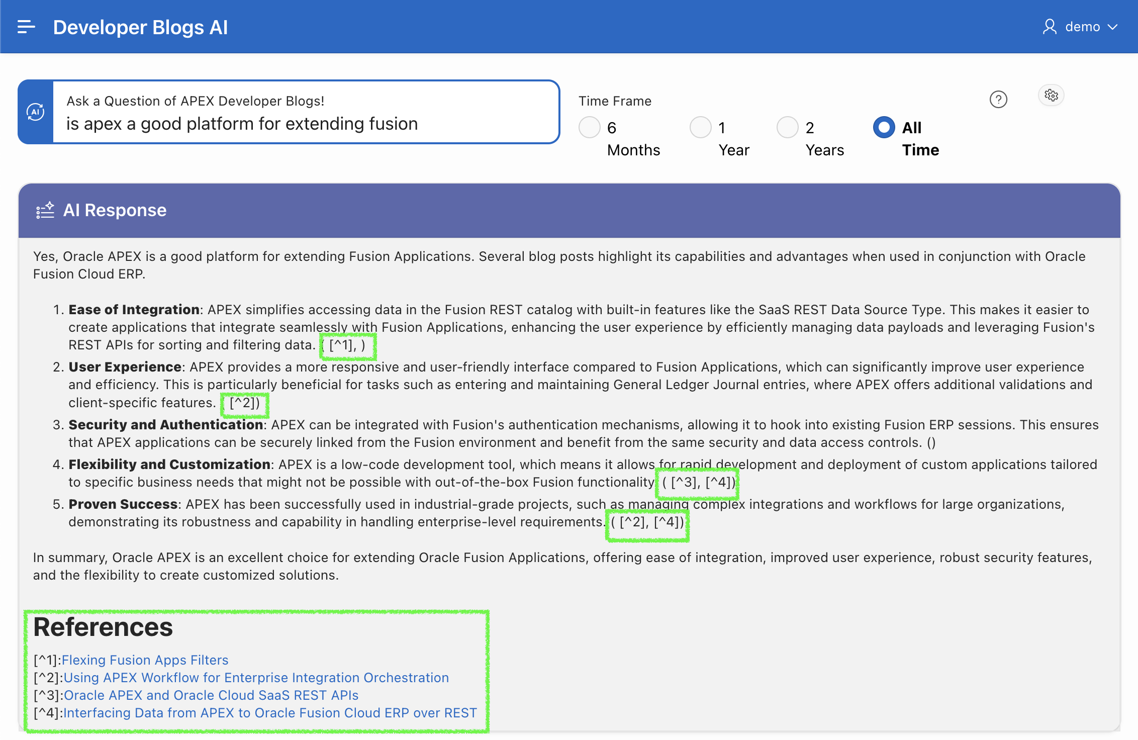 Screenshot showing the result of RAG using 23ai Vector Search and Open AI