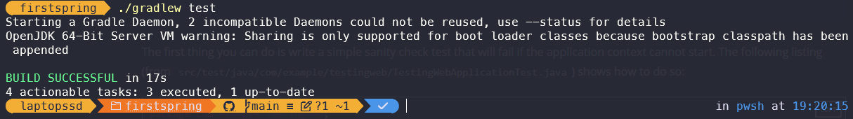 screenshot of running spring test using gradlew