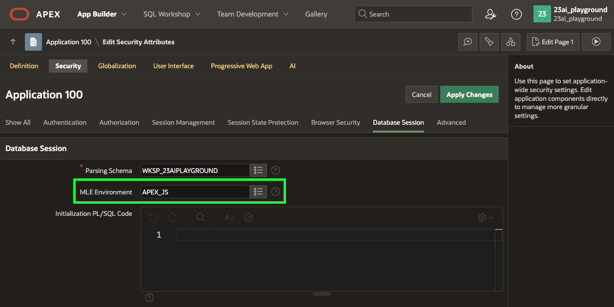 Screenshot of the Oracle APEX App Builder interface, showing the "Edit Security Attributes" page. The "Database Session" tab is selected, "MLE Environment" set to "APEX_JS." 