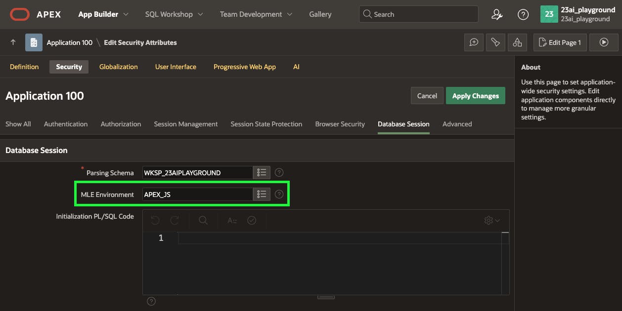 Screenshot of the Oracle APEX App Builder interface, showing the "Edit Security Attributes" page. The "Database Session" tab is selected, "MLE Environment" set to "APEX_JS." 