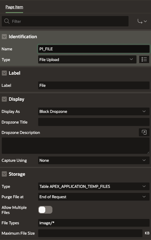 A screenshot of a File Upload configuration form with settings for identification, label, display, and storage options, such as file types and size.