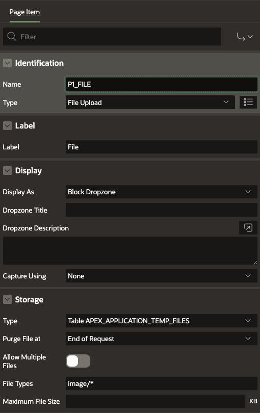 A screenshot of a File Upload configuration form with settings for identification, label, display, and storage options, such as file types and size.