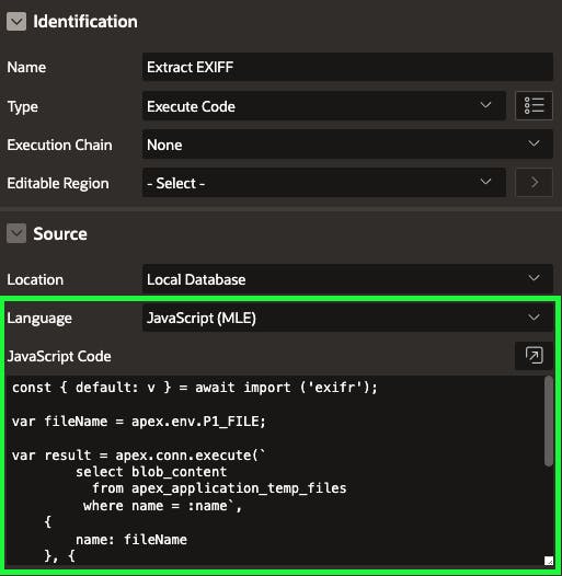 Screenshot showing page process in the Oracle APEX builder configured to use the Language JavaScript (MLE) instead of the PL/SQL