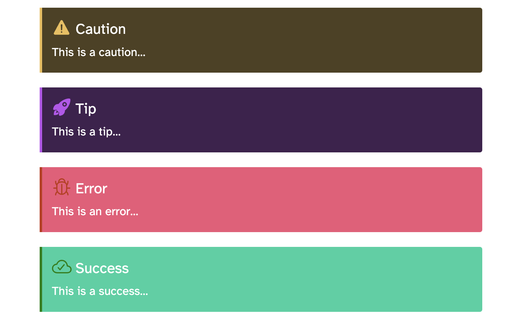 Caution, Tip, Error, and Success Callout components