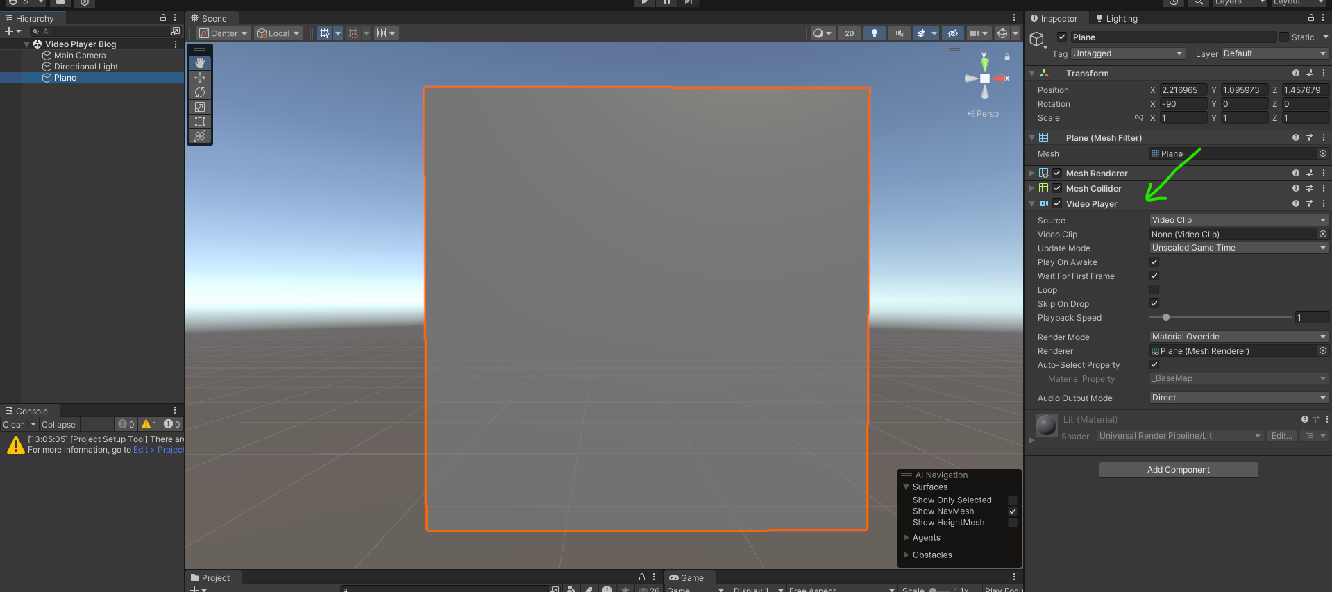 Screenshot of a Unity editor interface showing a scene with a selected plane object in the center. The hierarchy panel on the left lists "Main Camera," "Directional Light," and "Plane." The inspector panel on the right displays properties for the plane, including "Transform," "Mesh Filter," "Mesh Renderer," "Mesh Collider," and "Video Player" components. A green arrow points at the "Video Player" component.