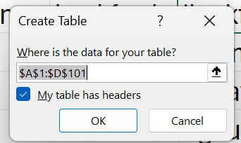 create table in Excel