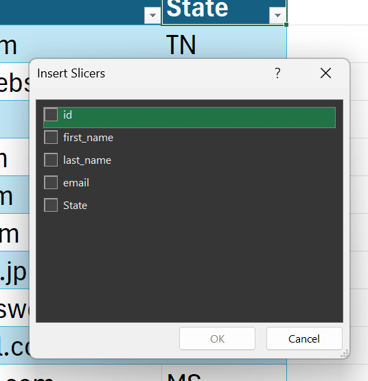 Menu for inserting slicers