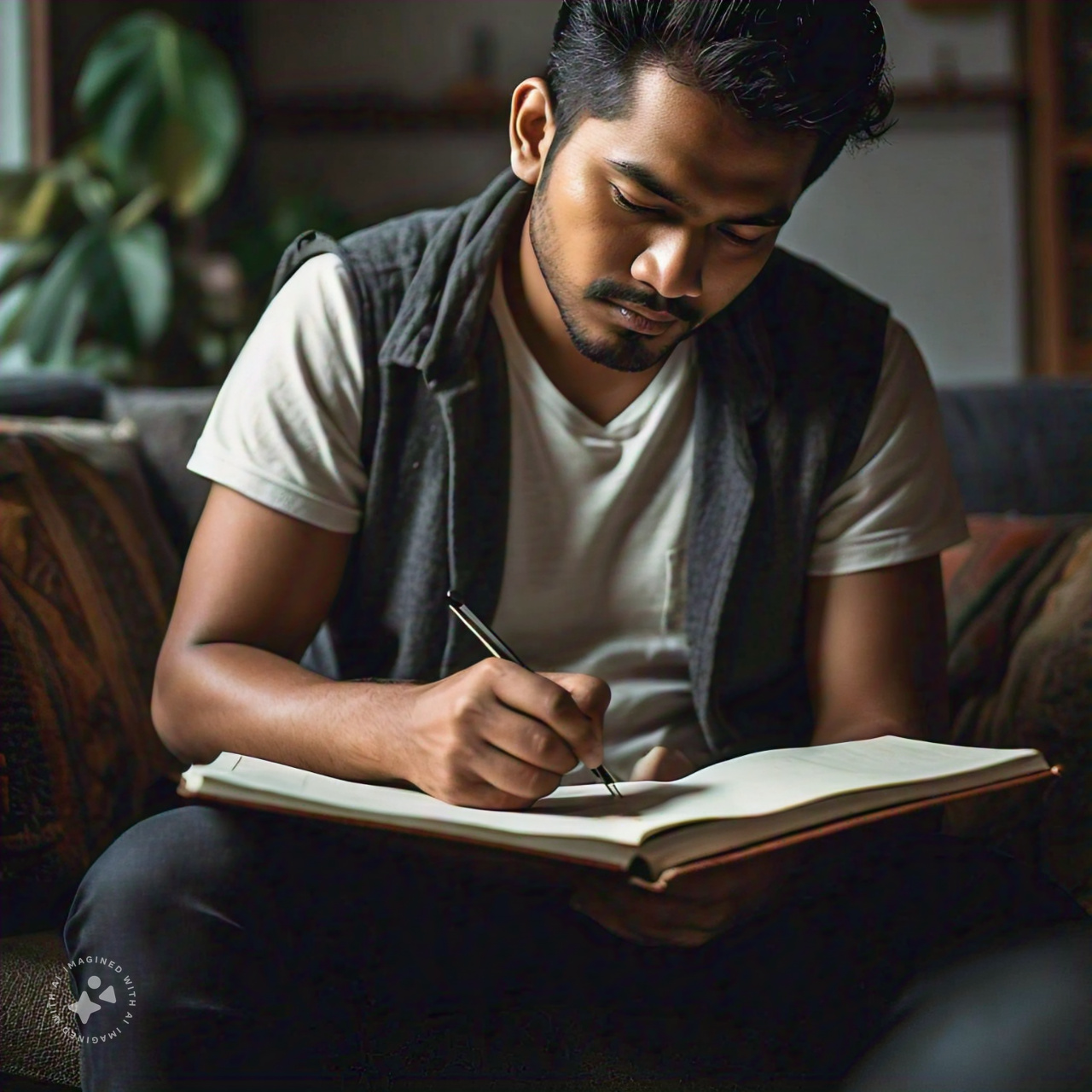 Person writing in a journal, symbolizing self-reflection and rewriting their narrative.