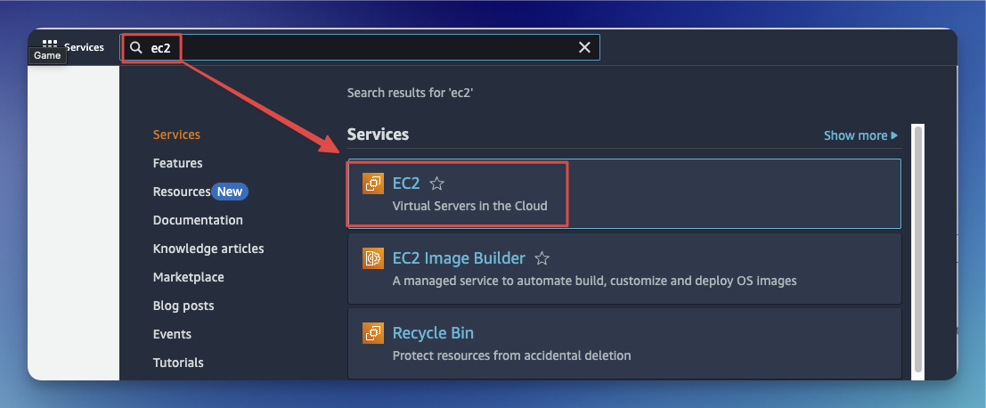 Select EC2 in AWS