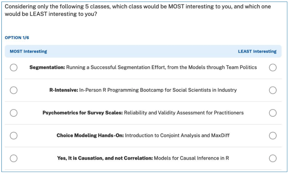 a MaxDiff screen asking respondents to select the most and least interesting class, from a random subset of 5 classes