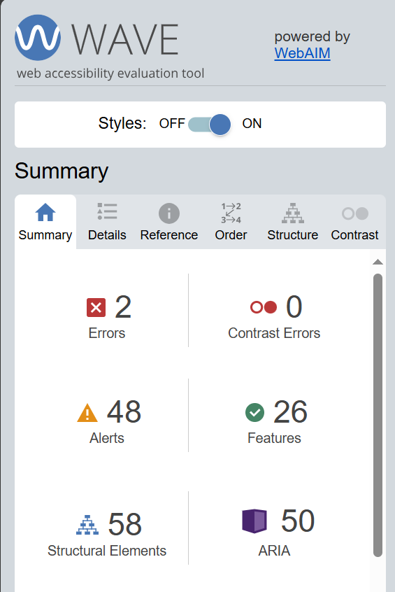 WAVE accessibility evaluation tool results summary showing 2 errors, 0 contrast errors, 48 alerts, 26 features, 58 structural elements, and 50 ARIA elements