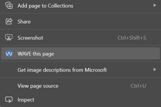 Screenshot of right-click menu showing 'WAVE this page' option