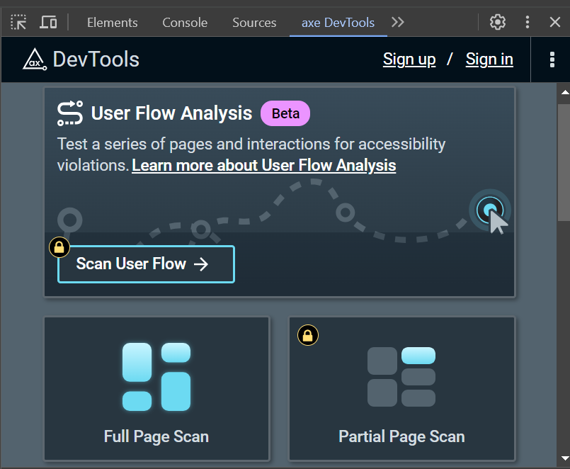 Screenshot of axe DevTools interface showing options for Scan User Flow, Full Page Scan, and Partial Page Scan