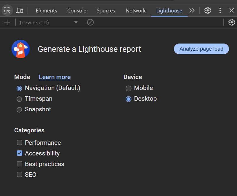 Lighthouse settings panel, showing options for generating a report, choosing mode and device, and selecting categories to analyze