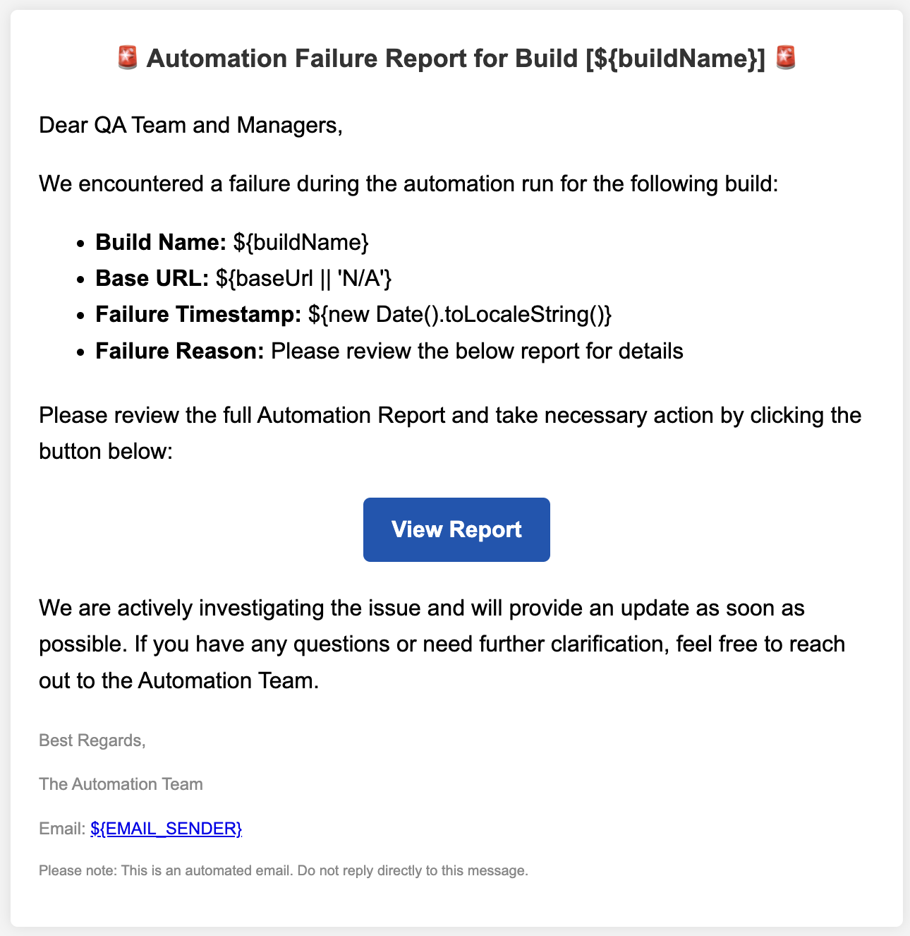 AWS SES Email Configuration for Sending Automation Failure Reports