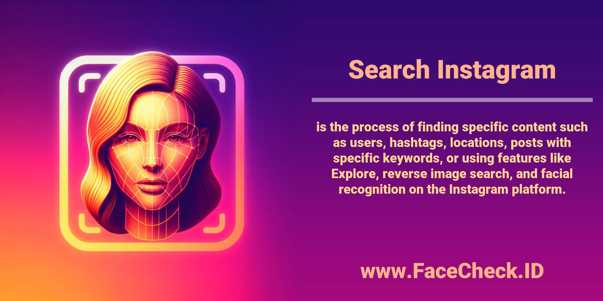 An abstract image of a woman's face with grid lines, next to text explaining methods of searching on Instagram, including users, hashtags, and facial recognition. Website URL www.FaceCheck.ID is at the bottom.