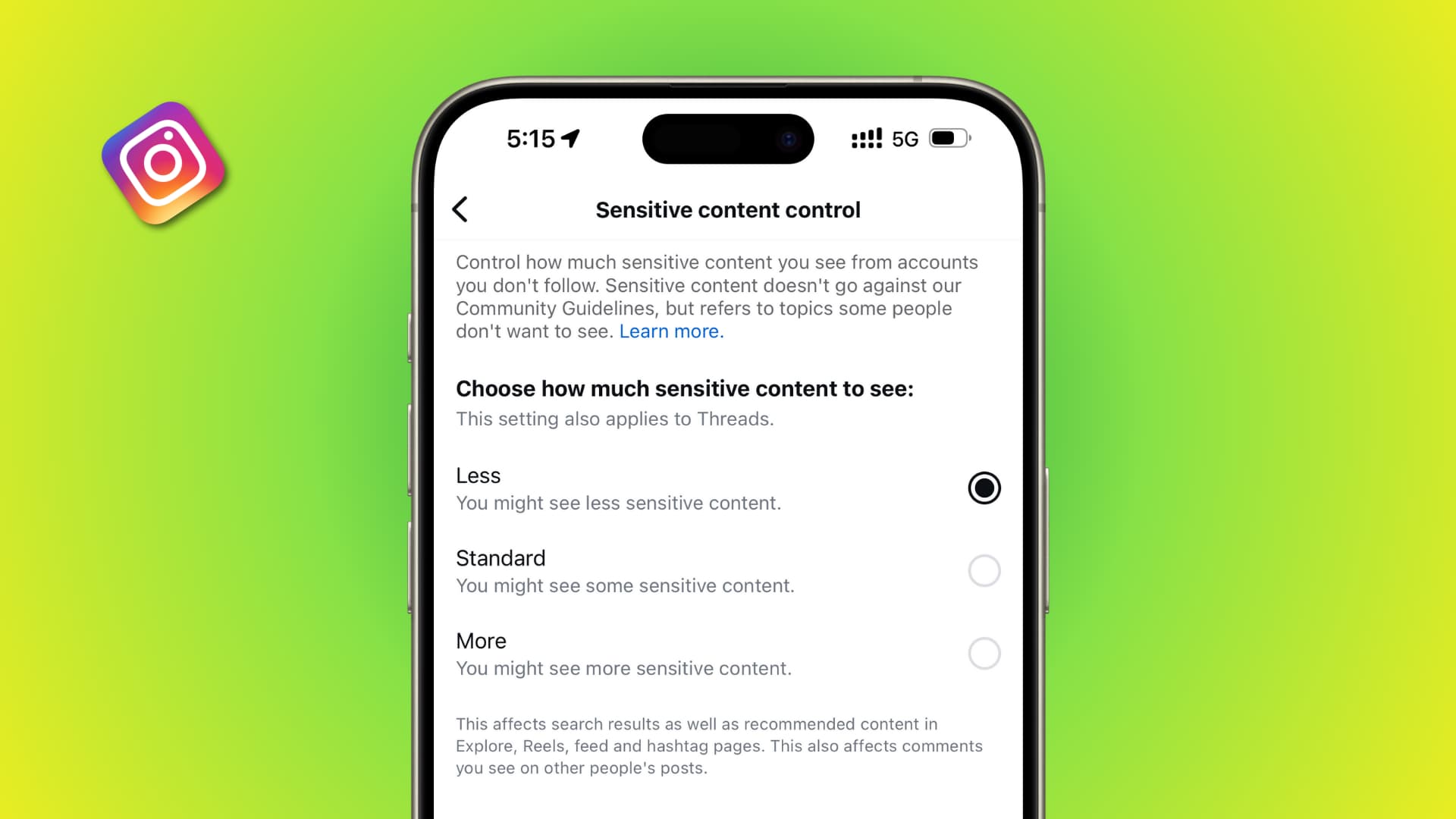 Smartphone screen displaying Instagram's "Sensitive content control" settings, offering options to see less, standard, or more sensitive content. The background is a gradient of green and yellow with the Instagram logo.