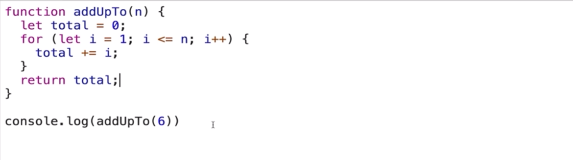 A function uses a for loop that runs until it reaches the length of n and returns the total sum.