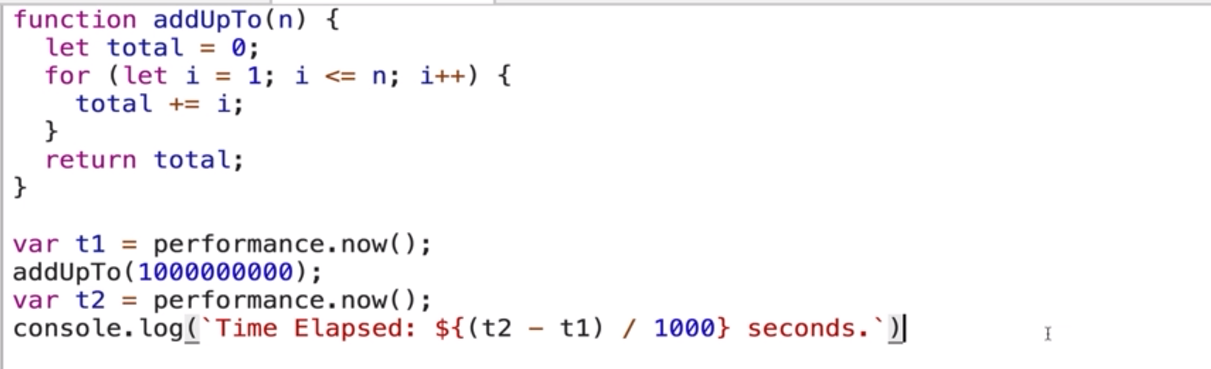 Measuring time using the performance.now() function in JavaScript.