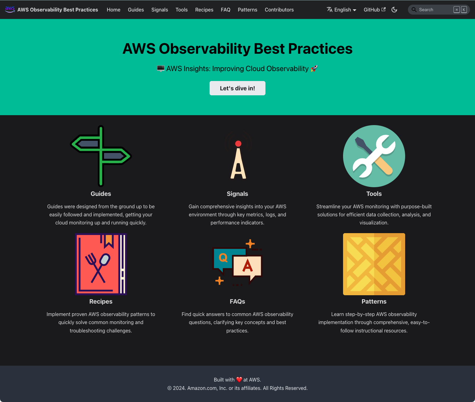 AWS Observability Best Practices website screenshot. Located at https://aws-observability.github.io/observability-best-practices/