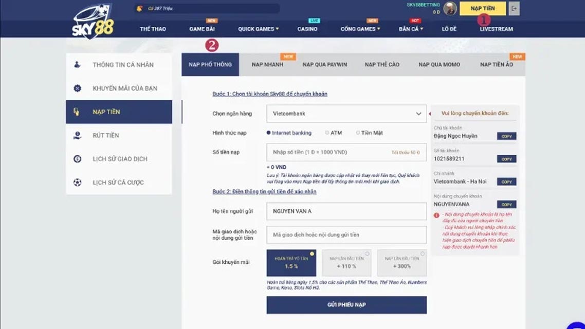 Mách bạn hình thức nạp tiền tài khoản Sky88 dễ dàng nhất