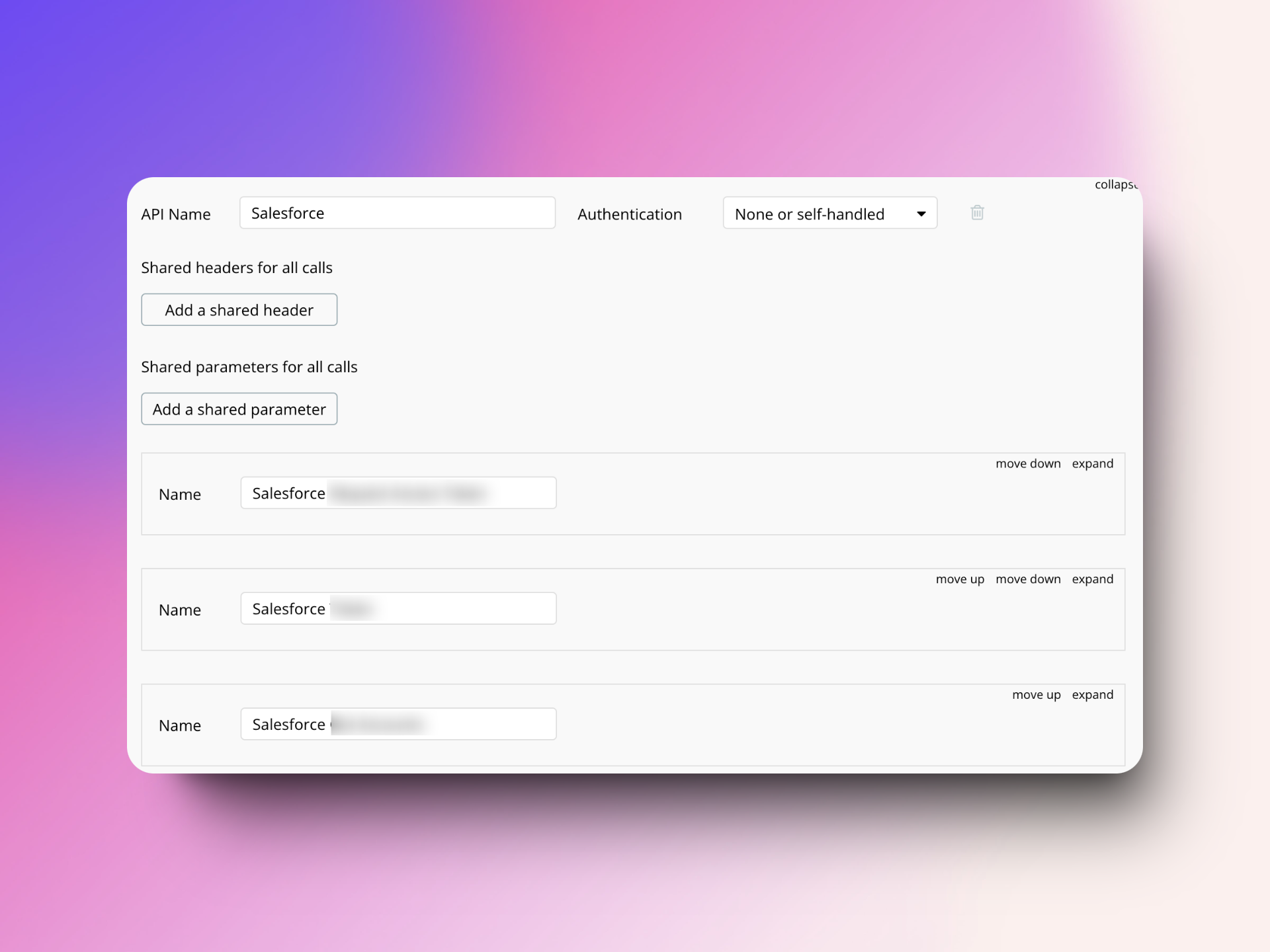 A user interface for configuring an API named "Salesforce," with options for adding shared headers and parameters, and a dropdown for authentication settings. Various API parameter names are listed with options to move or expand them. The background is a gradient of purple and pink.