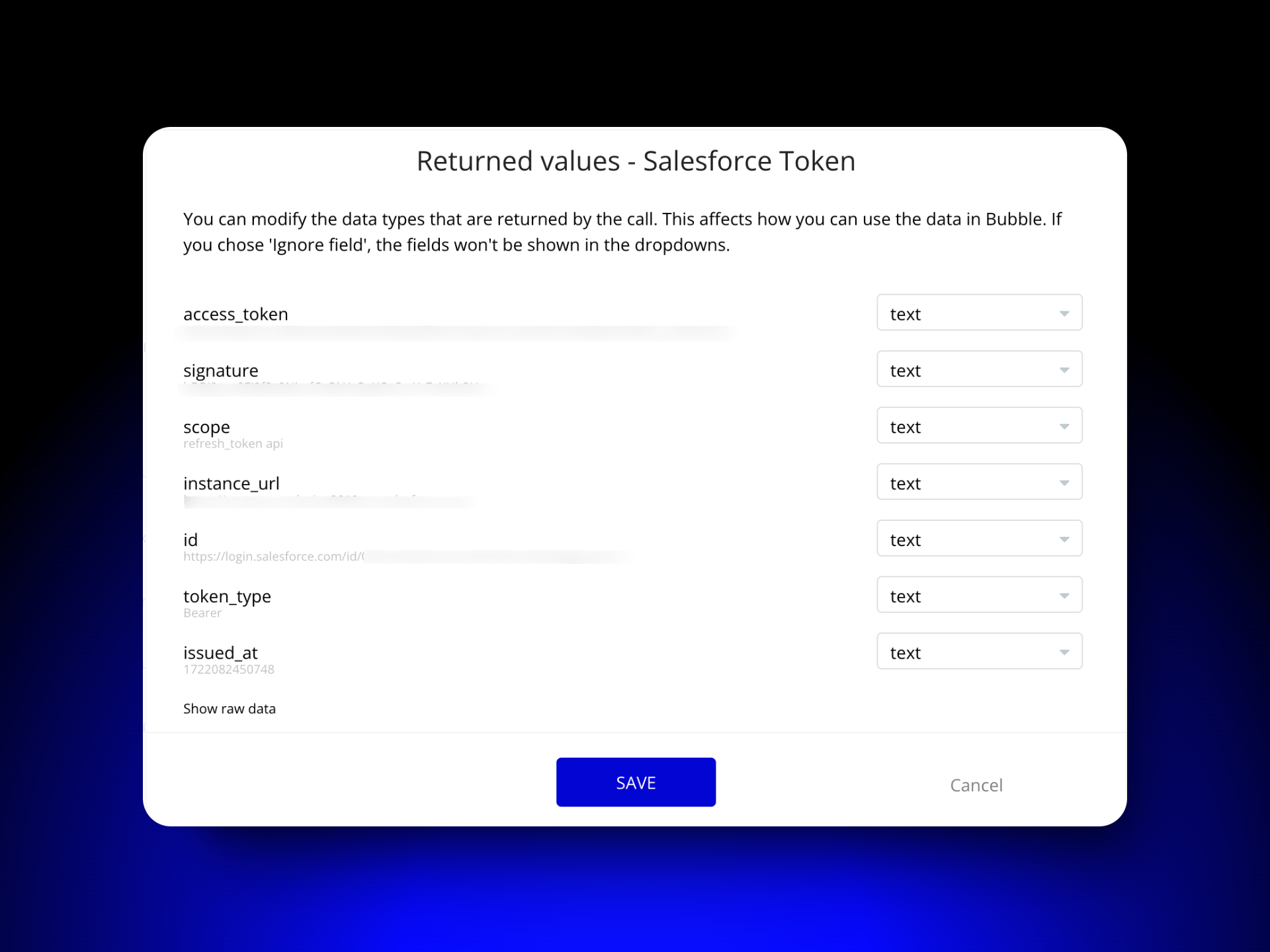 A screenshot of a Salesforce Token configuration window in Bubble, showing fields like access_token, signature, scope, instance_url, id, token_type, and issued_at with dropdown options set to "text". A "Save" button is at the bottom.