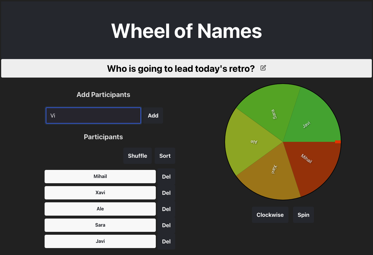 Wheel of Names app - adding participants