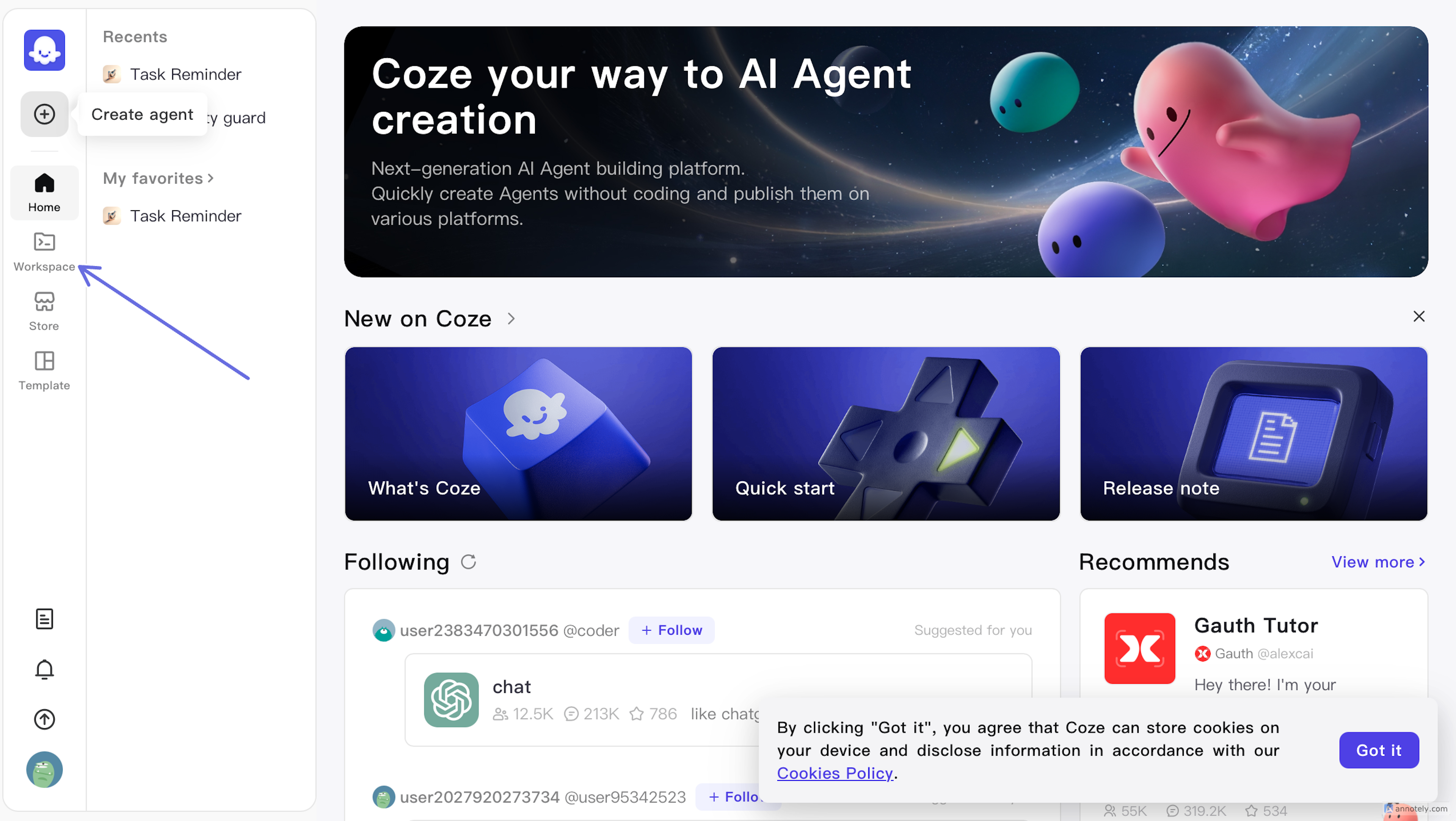 Screenshot of a platform for creating AI agents, with a navigation sidebar on the left and various sections like "New on Coze," "Following," and "Recommends" on the right. The banner promotes AI agent creation, featuring colorful floating characters. 