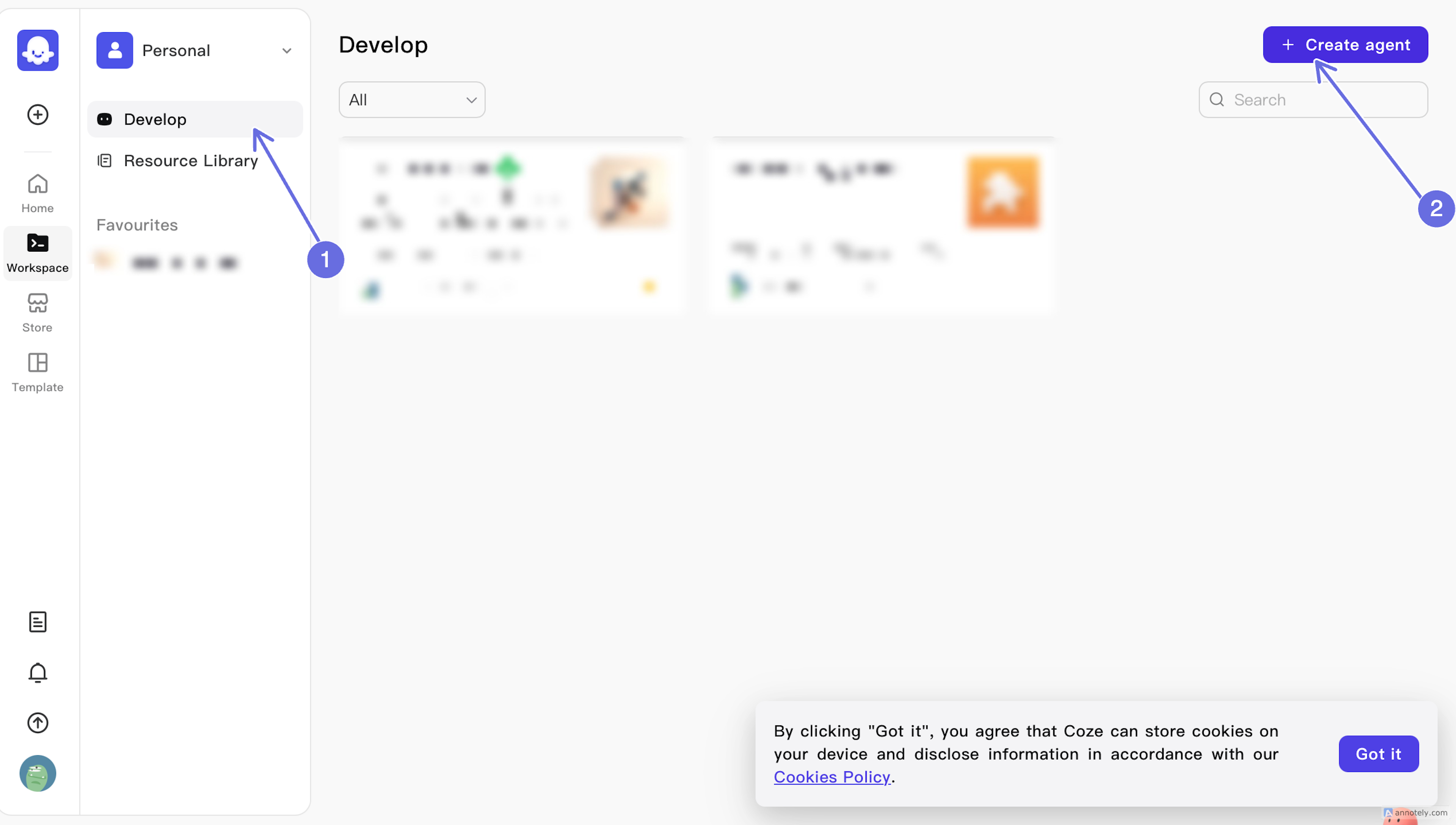Screenshot of a user interface with options for "Personal," "Develop," "Resource Library," and "Create agent." 