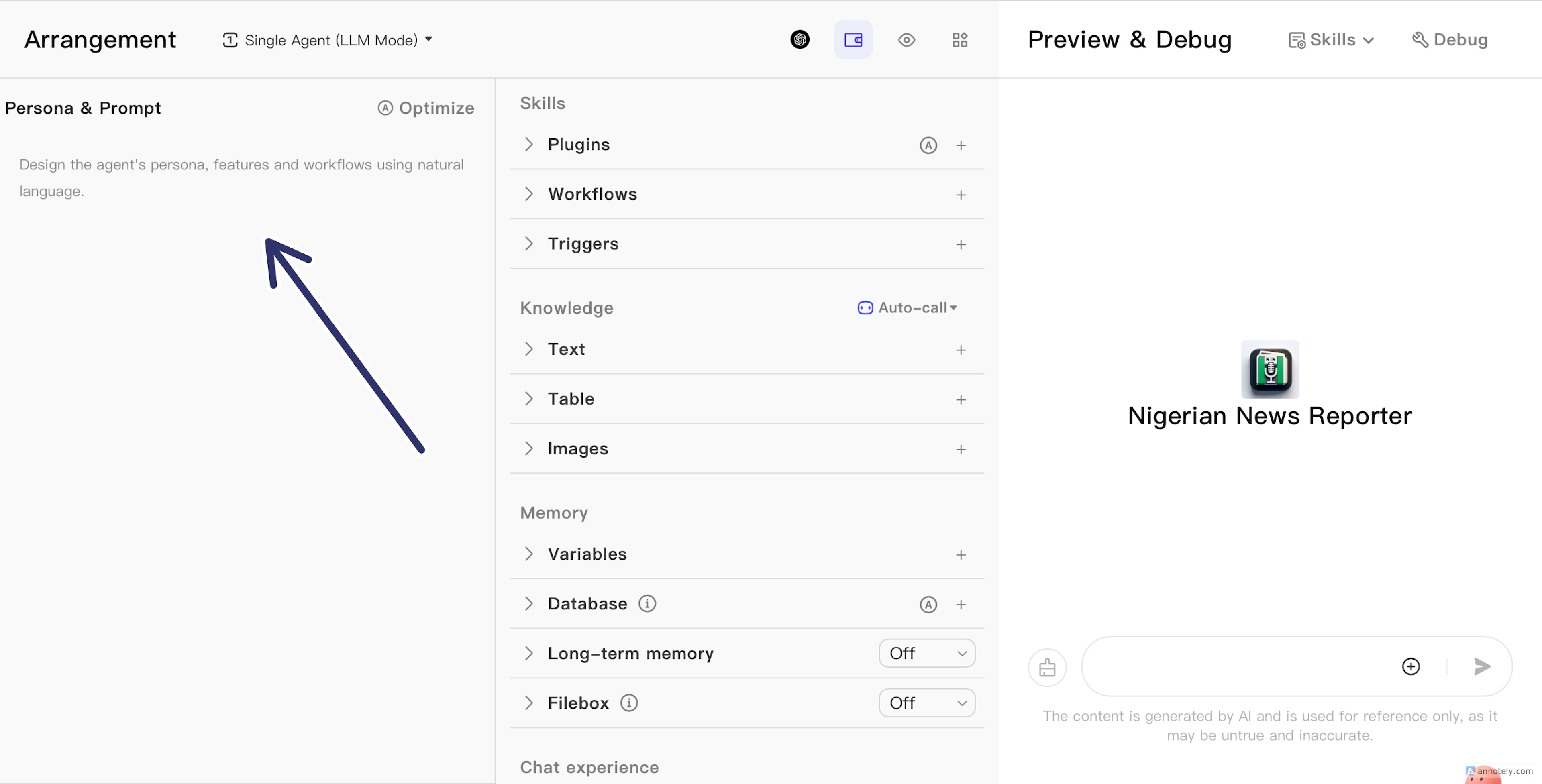 Screenshot of a user interface for designing an AI agent's persona and workflows. 