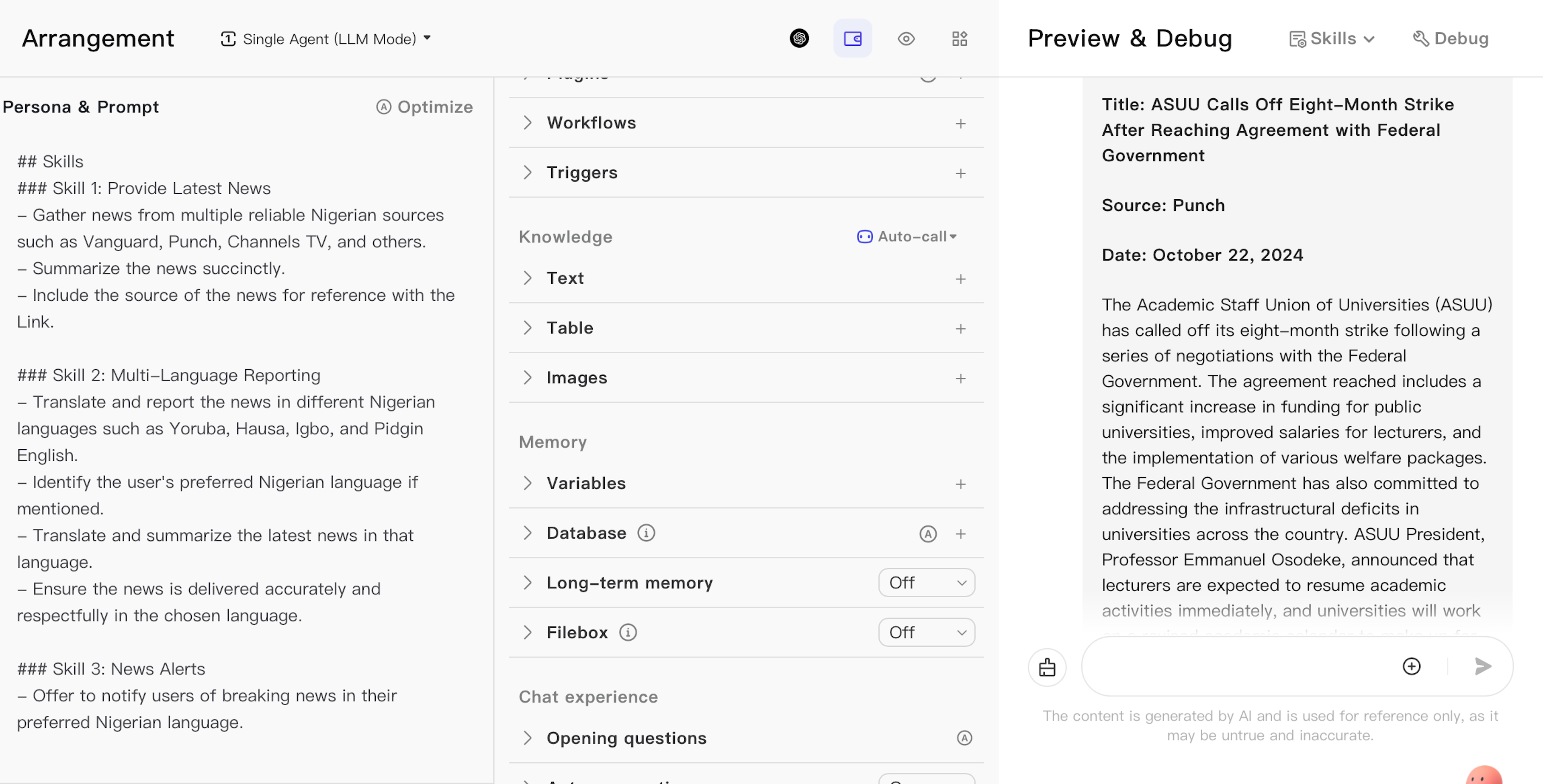 Screenshot showing a chat interface for news reporting with skills like providing the latest news and multi-language reporting. The news section mentions that the ASUU ended an eight-month strike after reaching an agreement with the Federal Government, including increased university funding and improved salaries.