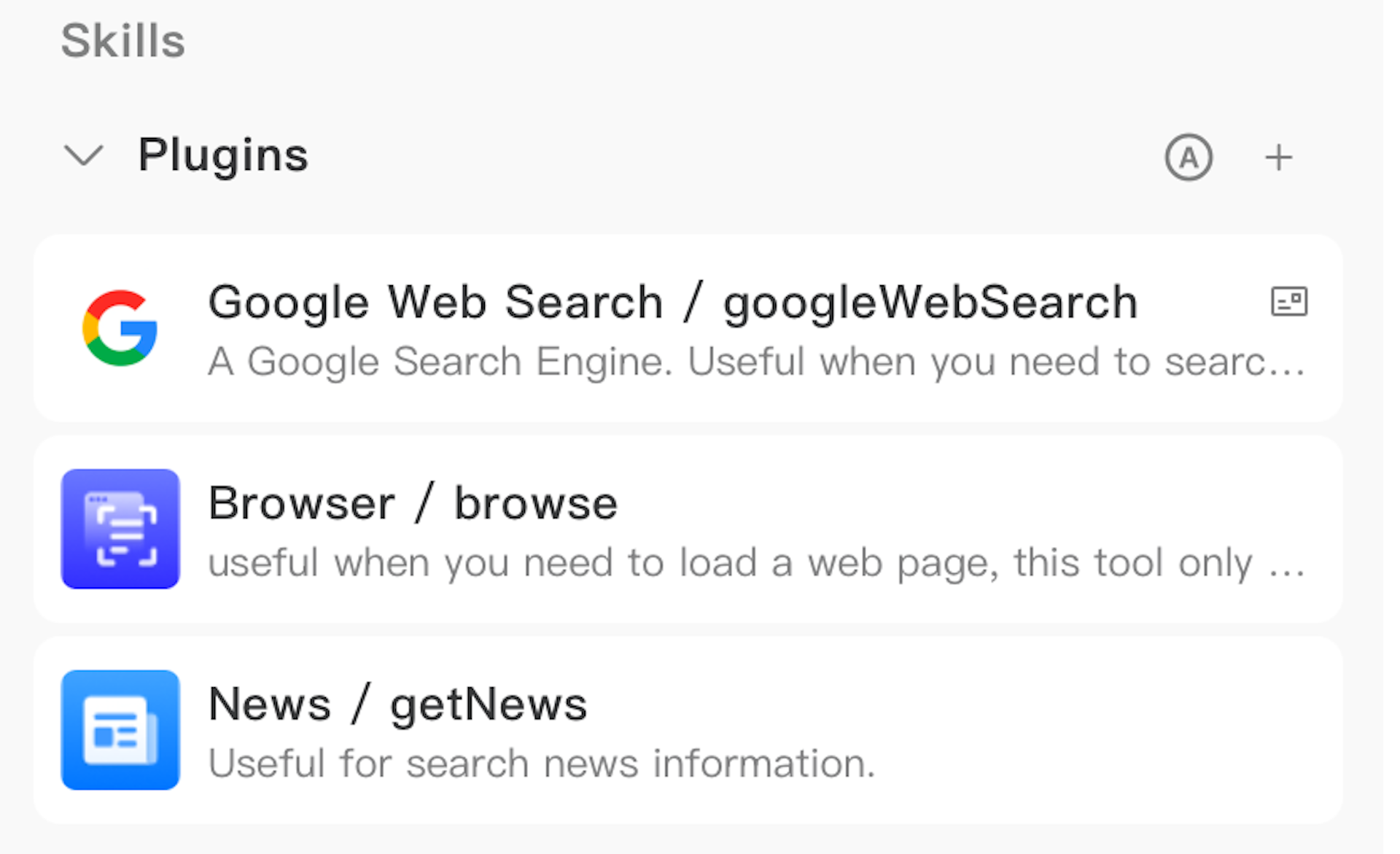 A screenshot showing three plugins: Google Web Search, Browser, and News. Each has a brief description of its functionality.